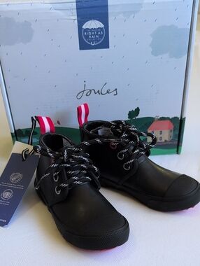 NIB Joules Kids Boys Riley Lace Up Welly Rain Boots Black US 10 / EU 27 / UK 9